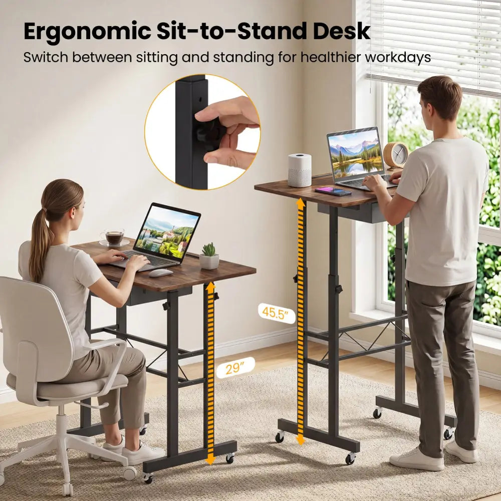 Height Adjustable Laptop Desk with Fabric Drawer Tablet Holder and Lockable Wheels-Rustic Brown - Rustic Brown