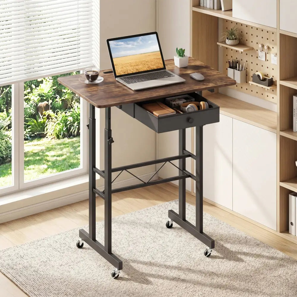 Height Adjustable Laptop Desk with Fabric Drawer Tablet Holder and Lockable Wheels-Rustic Brown - Rustic Brown