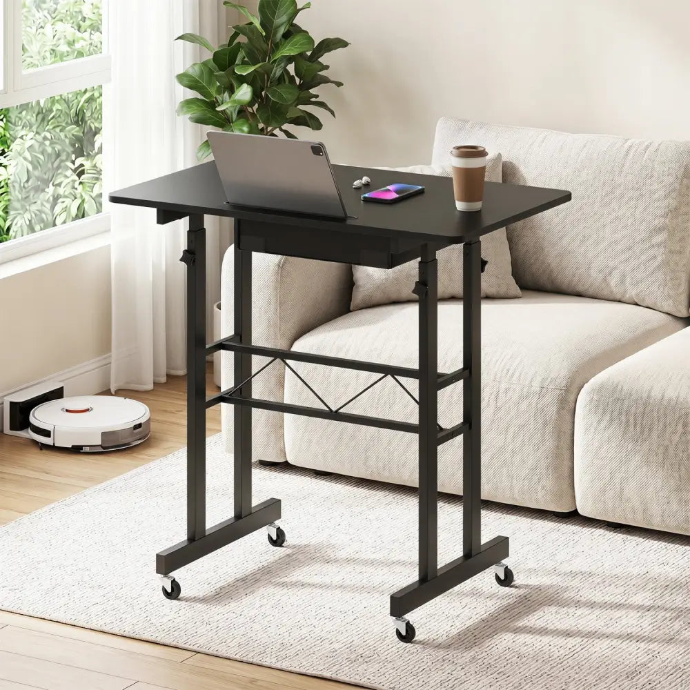 Height Adjustable Laptop Desk with Fabric Drawer Tablet Holder and Lockable Wheels-Black - Black - Standing Desks