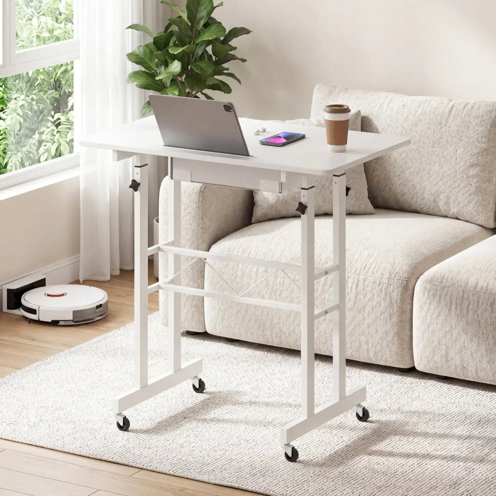 Height Adjustable Laptop Desk with Fabric Drawer Tablet Holder and Lockable Wheels-White - White - Standing Desks