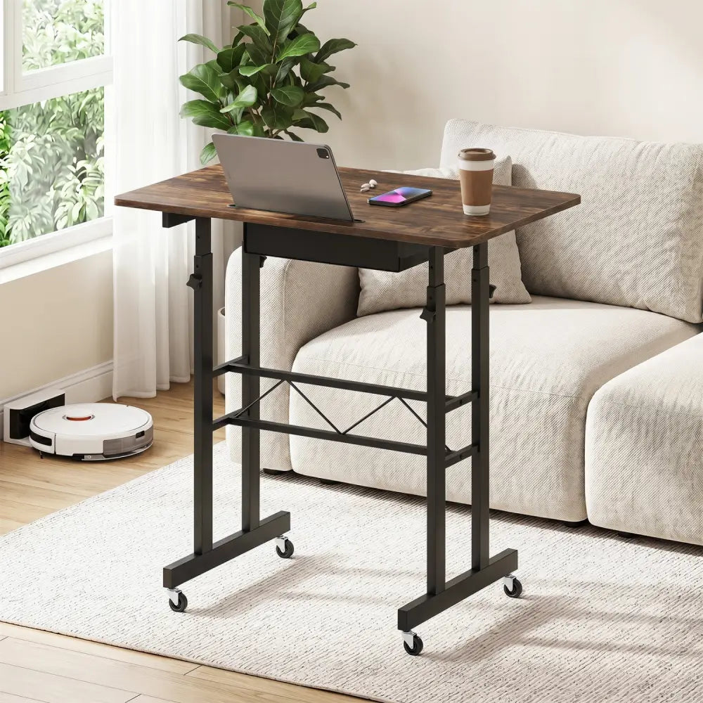Height Adjustable Laptop Desk with Fabric Drawer Tablet Holder and Lockable Wheels-Rustic Brown - Rustic Brown