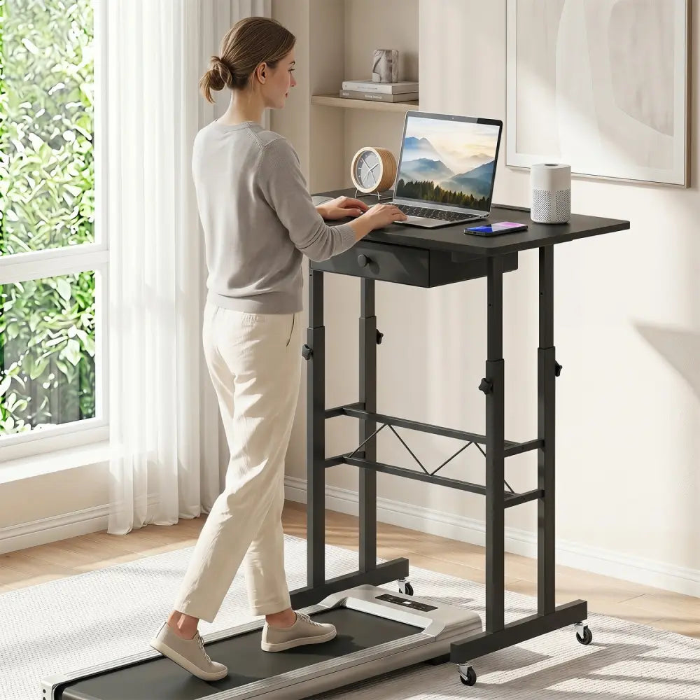 Height Adjustable Laptop Desk with Fabric Drawer Tablet Holder and Lockable Wheels-Black - Black - Standing Desks