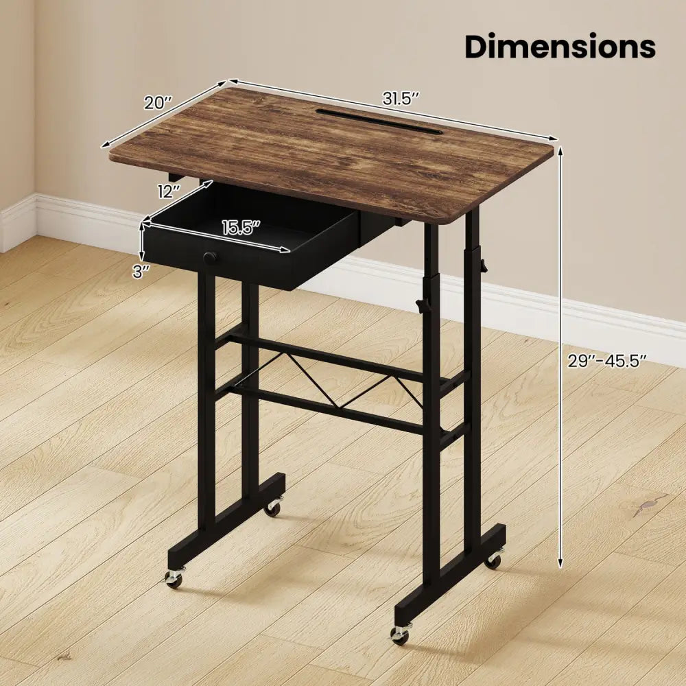 Height Adjustable Laptop Desk with Fabric Drawer Tablet Holder and Lockable Wheels-Rustic Brown - Rustic Brown