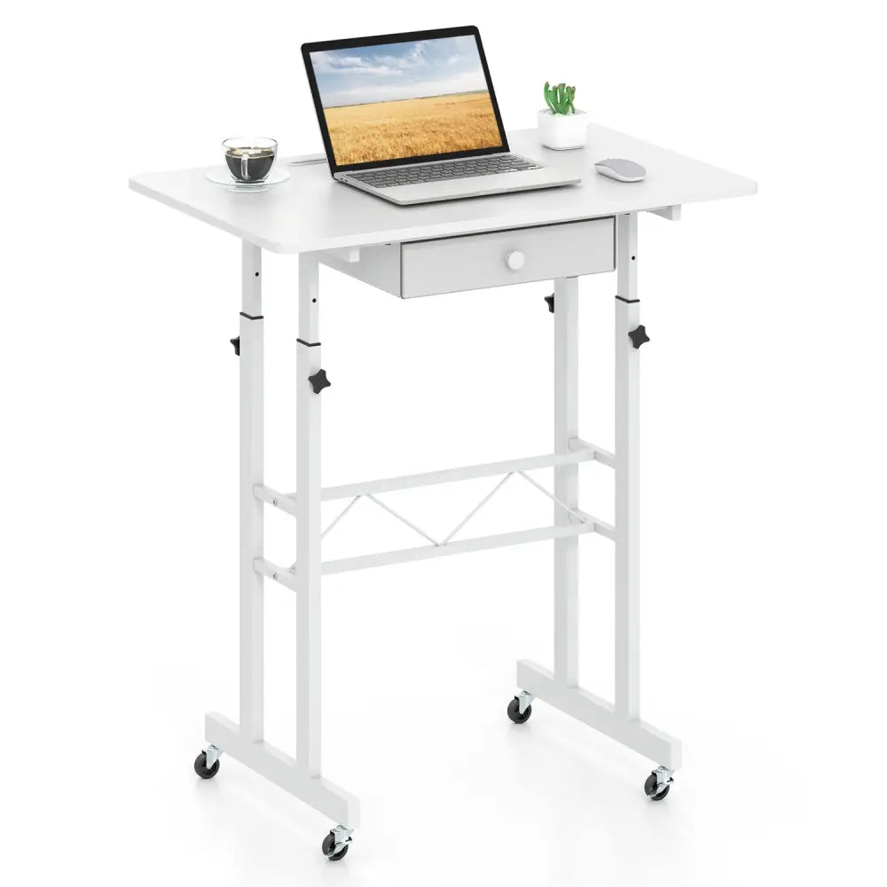 Height Adjustable Laptop Desk with Fabric Drawer Tablet Holder and Lockable Wheels-White - White - Standing Desks