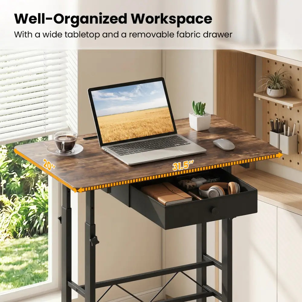 Height Adjustable Laptop Desk with Fabric Drawer Tablet Holder and Lockable Wheels-Rustic Brown - Rustic Brown