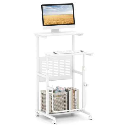 Height Adjustable Mobile Computer Stand-Up Desk with Two Modes-White - White - Laptop Tables & Printer Stands