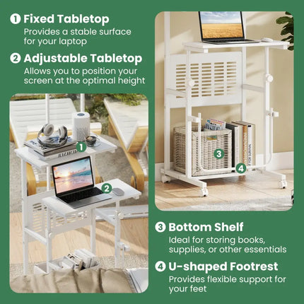 Height Adjustable Mobile Computer Stand-Up Desk with Two Modes-White - White - Laptop Tables & Printer Stands