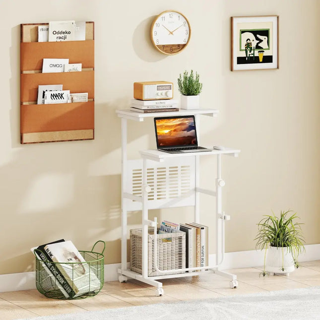 Height Adjustable Mobile Computer Stand-Up Desk with Two Modes-White - White - Laptop Tables & Printer Stands