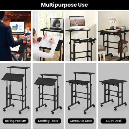 Height Adjustable Mobile Standing Desk with Rolling Wheels for Office and Home-Black - Black - Laptop Tables & Printer