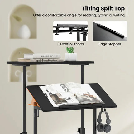Height Adjustable Mobile Standing Desk with Rolling Wheels for Office and Home-Black - Black - Laptop Tables & Printer