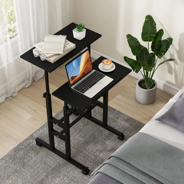 Height Adjustable Mobile Standing Desk with Rolling Wheels for Office and Home-Black - Black - Laptop Tables & Printer