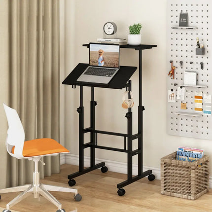 Height Adjustable Mobile Standing Desk with Rolling Wheels for Office and Home-Black - Black - Laptop Tables & Printer