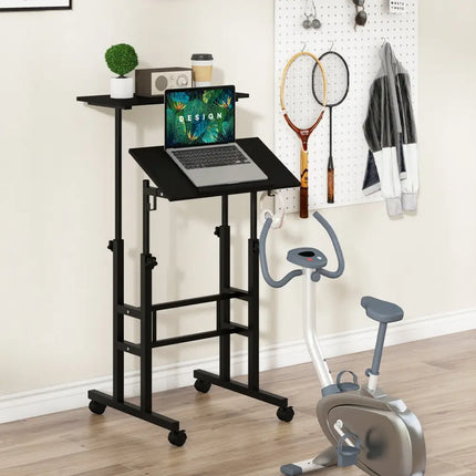 Height Adjustable Mobile Standing Desk with Rolling Wheels for Office and Home-Black - Black - Laptop Tables & Printer