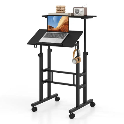 Height Adjustable Mobile Standing Desk with Rolling Wheels for Office and Home-Black - Black - Laptop Tables & Printer