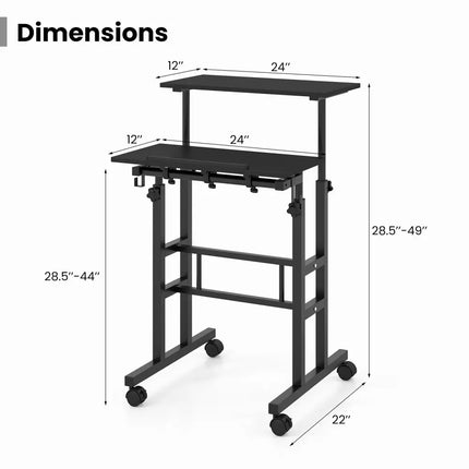Height Adjustable Mobile Standing Desk with Rolling Wheels for Office and Home-Black - Black - Laptop Tables & Printer
