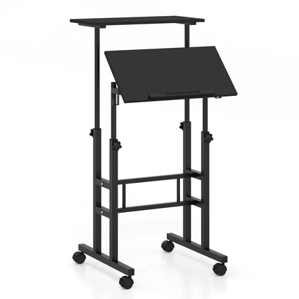 Height Adjustable Mobile Standing Desk with Rolling Wheels for Office and Home-Black - Black - Laptop Tables & Printer