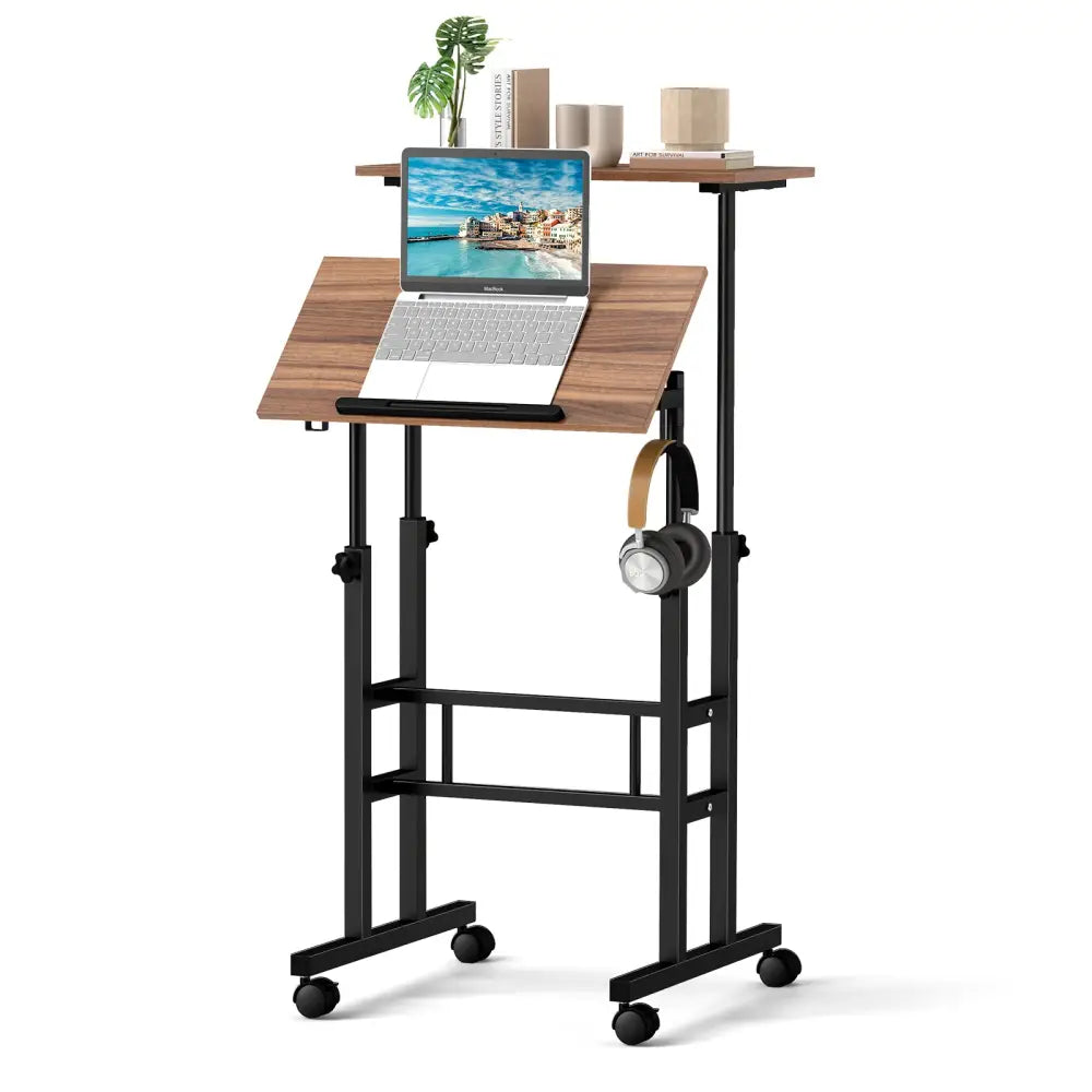 Height-adjustable Mobile Standing Desk with Split Top and Adjustable Angle-Walnut - Walnut - Laptop Tables & Printer