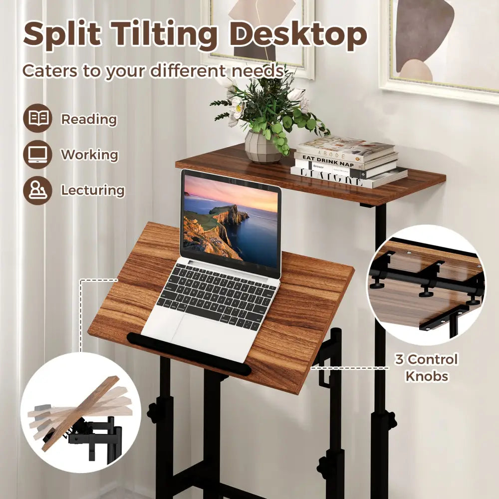 Height-adjustable Mobile Standing Desk with Split Top and Adjustable Angle-Walnut - Walnut - Laptop Tables & Printer