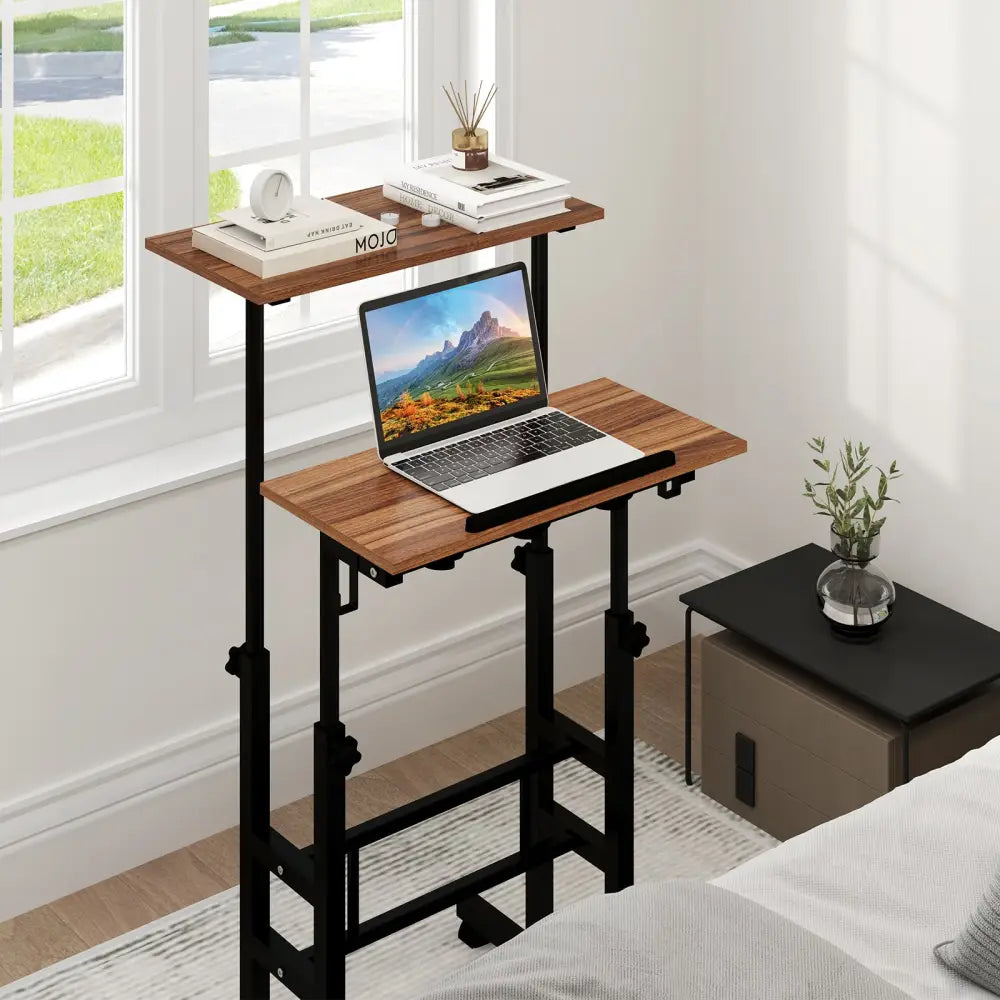 Height-adjustable Mobile Standing Desk with Split Top and Adjustable Angle-Walnut - Walnut - Laptop Tables & Printer