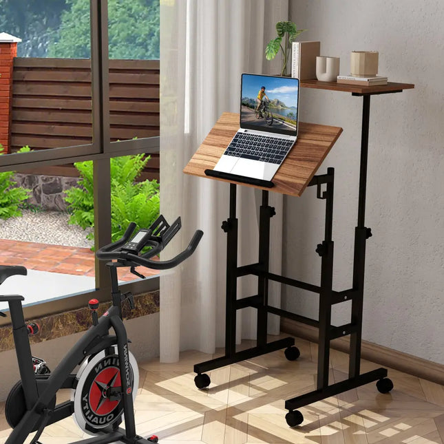 Height-adjustable Mobile Standing Desk with Split Top and Adjustable Angle-Walnut - Walnut - Laptop Tables & Printer
