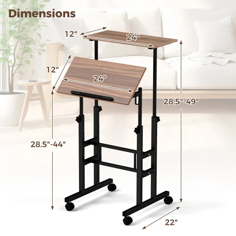 Height-adjustable Mobile Standing Desk with Split Top and Adjustable Angle-Walnut - Walnut - Laptop Tables & Printer