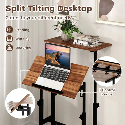 Height-adjustable Mobile Standing Desk with Split Top and Adjustable Angle-Walnut - Walnut - Laptop Tables & Printer