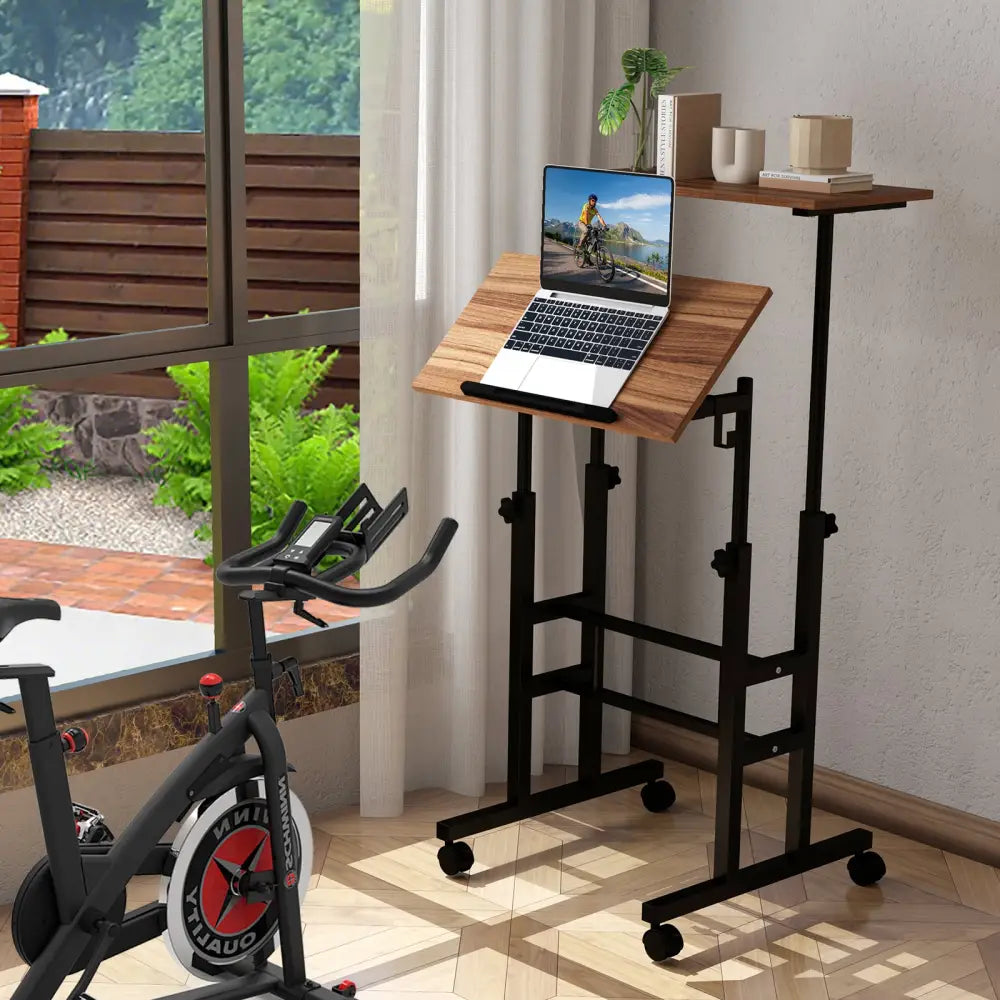 Height-adjustable Mobile Standing Desk with Split Top and Adjustable Angle-Walnut - Walnut - Laptop Tables & Printer