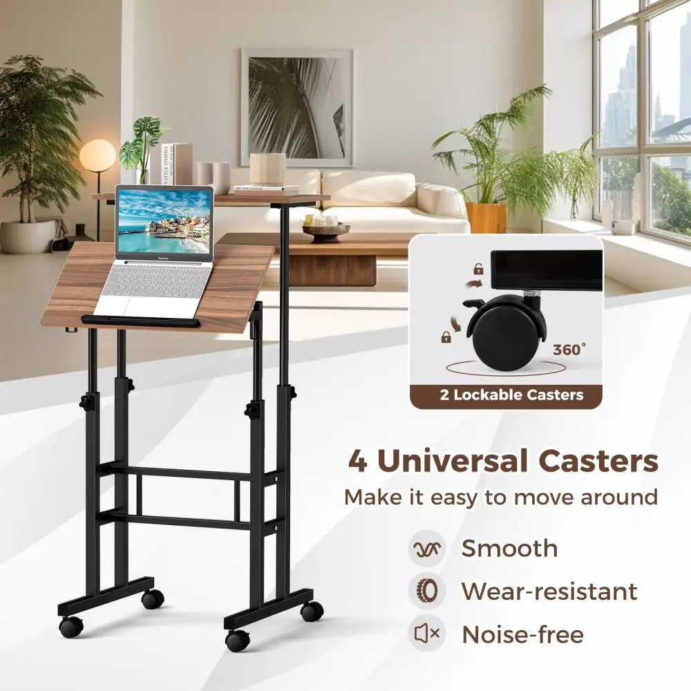 Height-adjustable Mobile Standing Desk with Split Top and Adjustable Angle-Walnut - Walnut - Laptop Tables & Printer