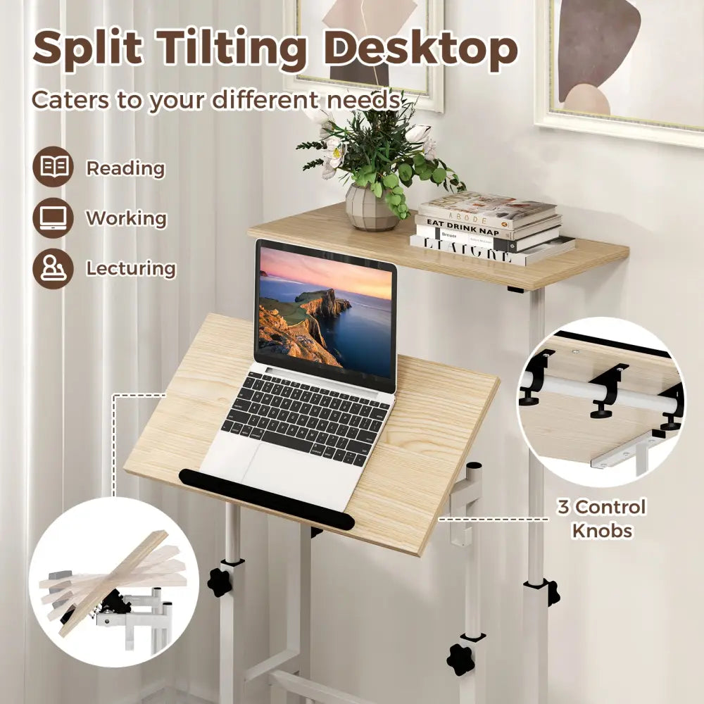 Height-adjustable Mobile Standing Desk with Split Top and Adjustable Angle-Natural - Natural - Laptop Tables & Printer