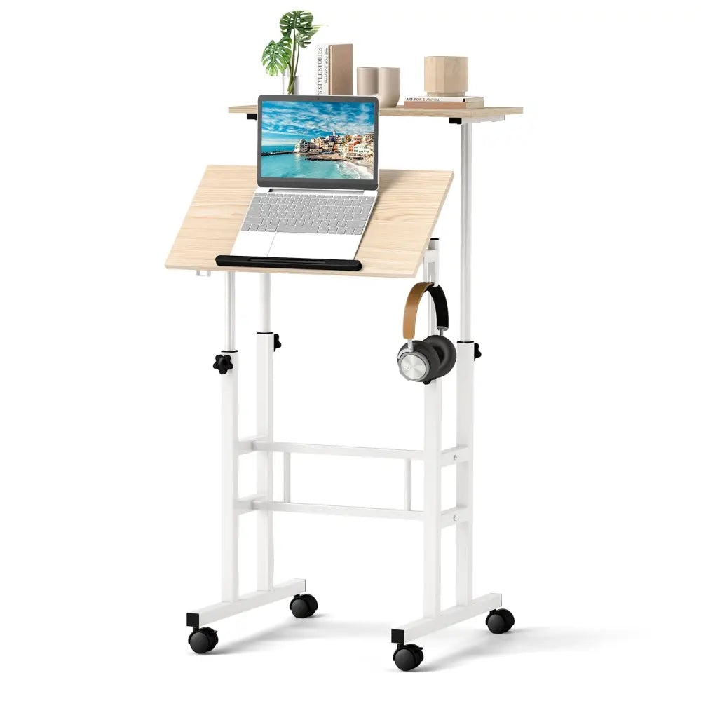 Height-adjustable Mobile Standing Desk with Split Top and Adjustable Angle-Natural - Natural - Laptop Tables & Printer