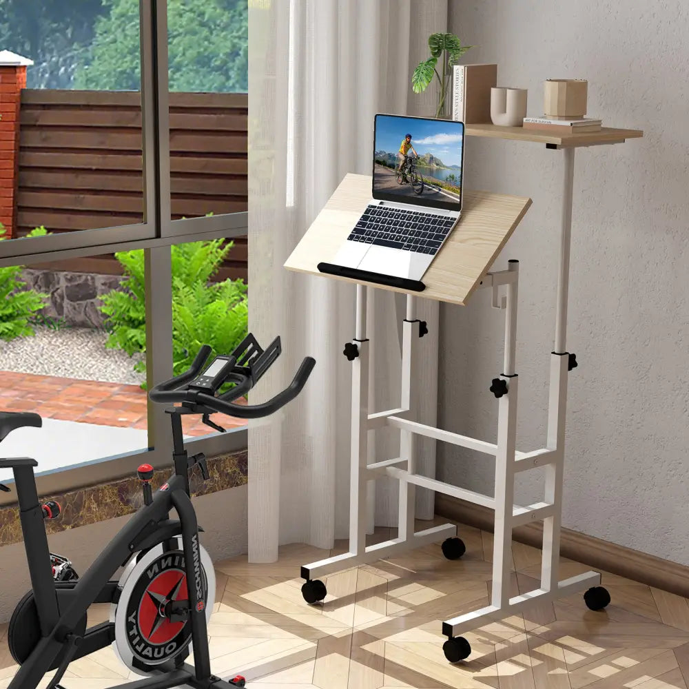 Height-adjustable Mobile Standing Desk with Split Top and Adjustable Angle-Natural - Natural - Laptop Tables & Printer