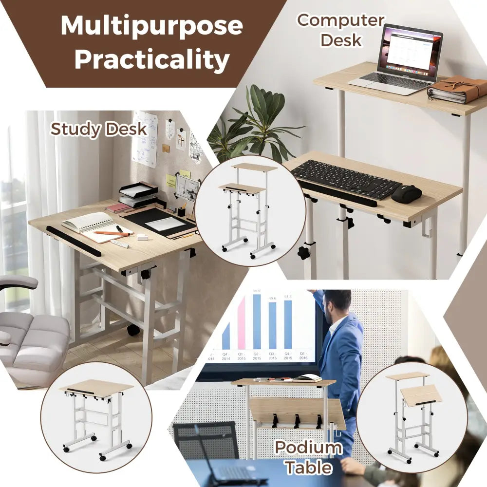 Height-adjustable Mobile Standing Desk with Split Top and Adjustable Angle-Natural - Natural - Laptop Tables & Printer