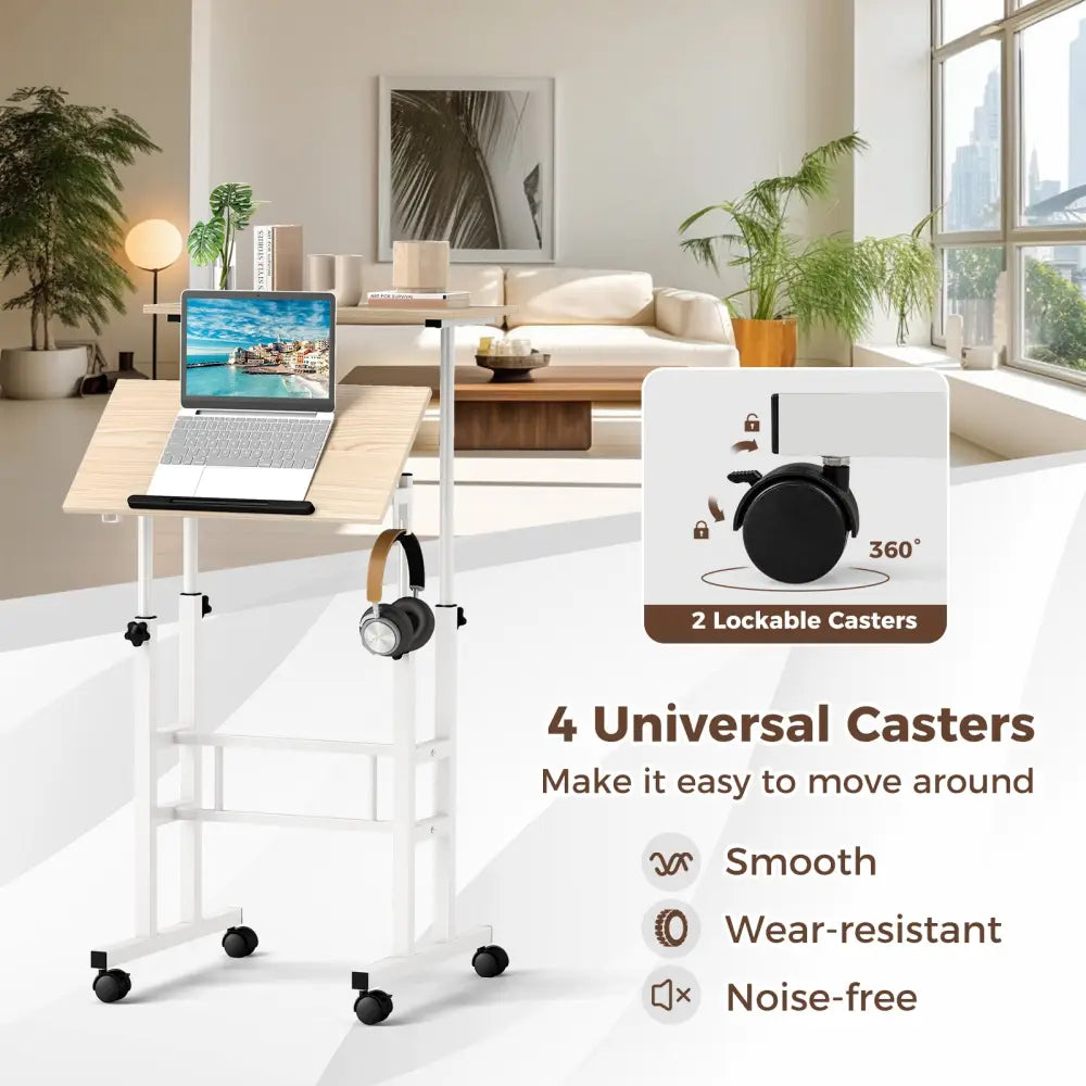 Height-adjustable Mobile Standing Desk with Split Top and Adjustable Angle-Natural - Natural - Laptop Tables & Printer