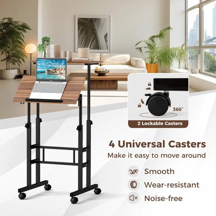 Height-adjustable Mobile Standing Desk with Split Top and Adjustable Angle-Walnut - Walnut - Laptop Tables & Printer