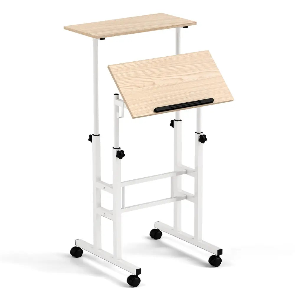 Height-adjustable Mobile Standing Desk with Split Top and Adjustable Angle-Natural - Natural - Laptop Tables & Printer