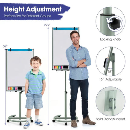 Height-Adjustable Mobile Whiteboard with Round Stand Paper Clips-Green - Green - Home Office