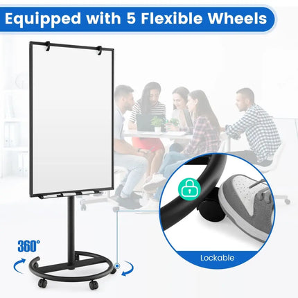 Height-Adjustable Mobile Whiteboard with Round Stand Paper Clips-Black - Black - Home Office