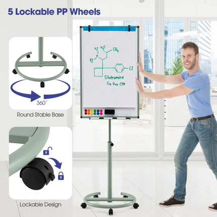 Height-Adjustable Mobile Whiteboard with Round Stand Paper Clips-Green - Green - Home Office