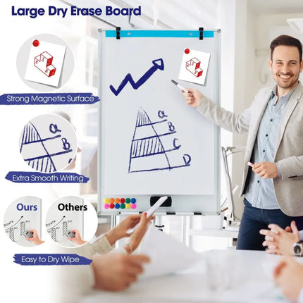Height-Adjustable Mobile Whiteboard with Round Stand Paper Clips-White - White - Home Office
