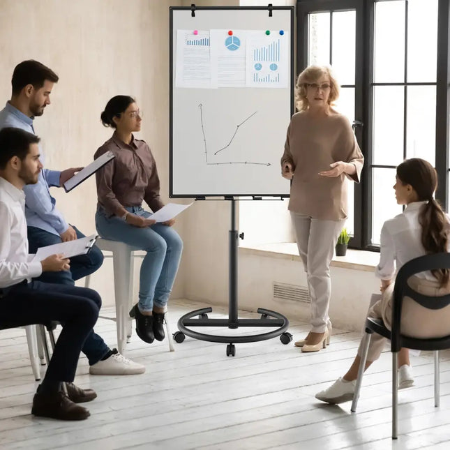 Height-Adjustable Mobile Whiteboard with Round Stand Paper Clips-Black - Black - Home Office