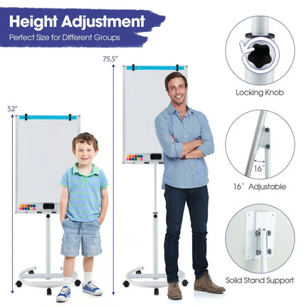 Height-Adjustable Mobile Whiteboard with Round Stand Paper Clips-Green - Green - Home Office