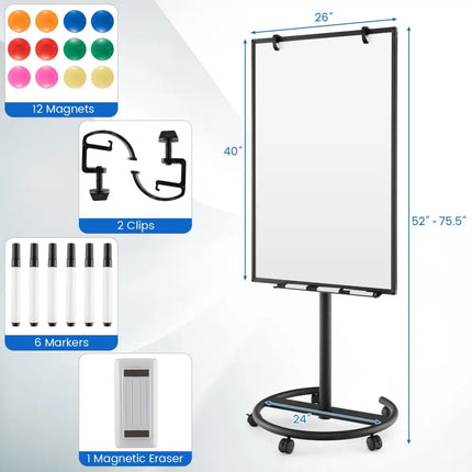 Height-Adjustable Mobile Whiteboard with Round Stand Paper Clips-Black - Black - Home Office