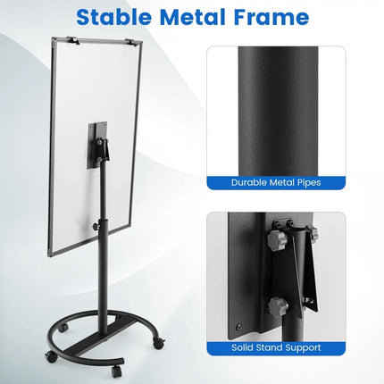 Height-Adjustable Mobile Whiteboard with Round Stand Paper Clips-Black - Black - Home Office