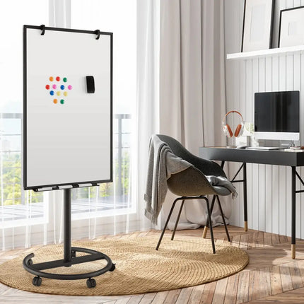 Height-Adjustable Mobile Whiteboard with Round Stand Paper Clips-Black - Black - Home Office
