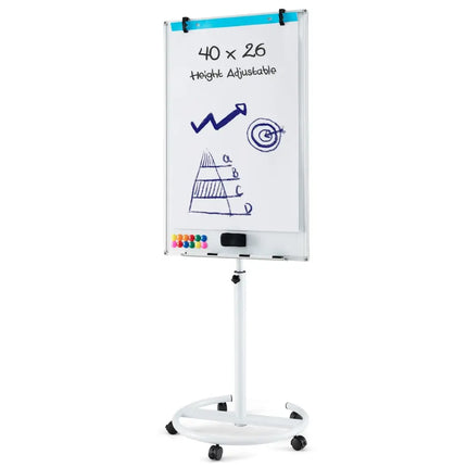 Height-Adjustable Mobile Whiteboard with Round Stand Paper Clips-White - White - Home Office