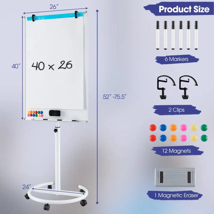 Height-Adjustable Mobile Whiteboard with Round Stand Paper Clips-White - White - Home Office