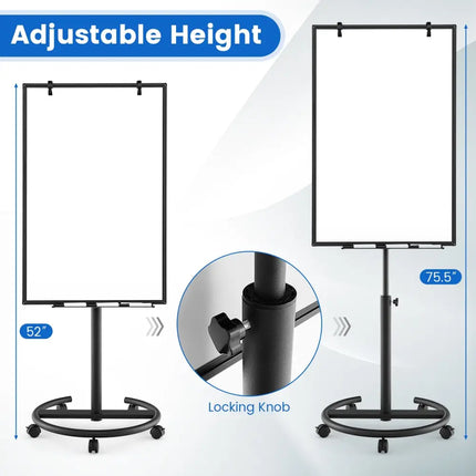 Height-Adjustable Mobile Whiteboard with Round Stand Paper Clips-Black - Black - Home Office