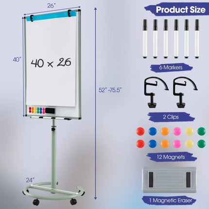 Height-Adjustable Mobile Whiteboard with Round Stand Paper Clips-Green - Green - Home Office