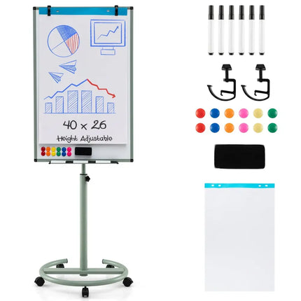 Height-Adjustable Mobile Whiteboard with Round Stand Paper Clips-Green - Green - Home Office