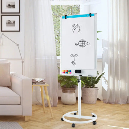 Height-Adjustable Mobile Whiteboard with Round Stand Paper Clips-White - White - Home Office